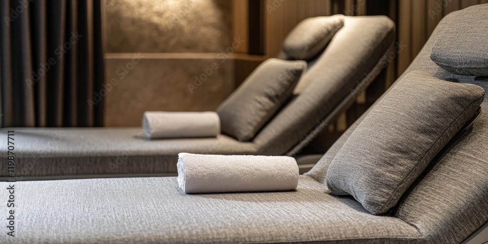 Aufkleber intimate close up of loungers nestled in a serene spa room, evoking tranquility and relaxation, wher