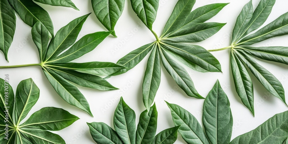 Aufkleber fresh cassava leaves displayed on a white background, highlighting the vibrant green color and uniqu