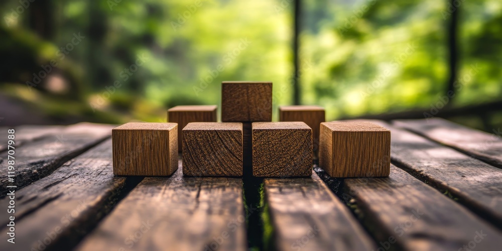 Fototapete Empty wooden cubes arranged on a wooden table create a visually appealing display, highlighting the textures of the wooden cubes set against a serene nature background.