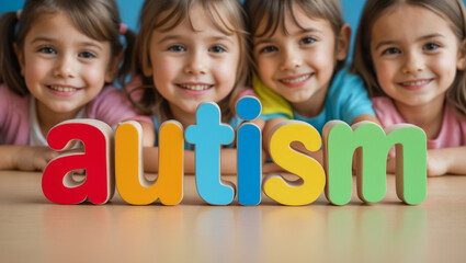 Smiling young girls lie in front of the word "autism" spelled out in colored letters. Autism rights movement concept. World Autism Awareness Day