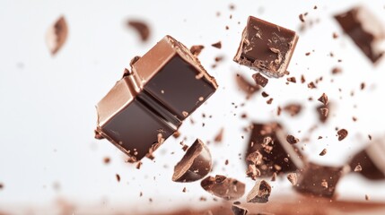 delicious dark chocolate pieces exploding on a white background