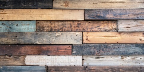 Naklejka premium A top down view showcasing a collection of aged wooden boards, presenting distressed wooden planks with rustic elements, while providing ample space for text.