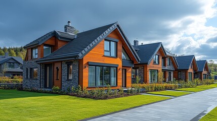 Obraz premium Modern wooden houses lined along a scenic pathway with lush greenery and dramatic sky backdrop