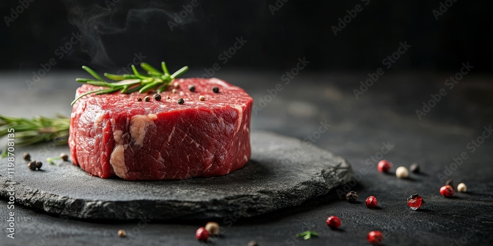 Poster succulent beef steak displayed on a stone table, showcasing the rich textures and colors of the beef