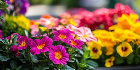 Fototapeta premium Stunning flowers blooming in an outdoor flowerbed, showcasing vibrant colors and lively beauty. This flowerbed with beautiful flowers creates a picturesque scene ideal for floral enthusiasts.