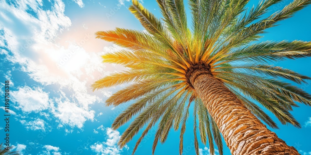 Aufkleber exotic palm tree basking in gentle sunlight, creating a striking contrast against a bright summer bl