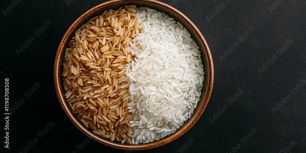 Aufkleber organic rice and mixed rice are elegantly displayed in a bowl against a striking black background. t