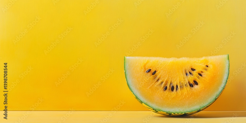 Poster a yellow background showcases half of a yellow watermelon, emphasizing the vibrant color of both the