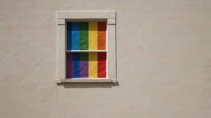 Fototapeta premium Rainbow Pride Flag Displayed in Window of Beige Building Exterior