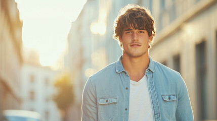 Obraz premium City Stride: A handsome young man with tousled hair and a confident gaze walks down a city street, bathed in the golden light of sunset.