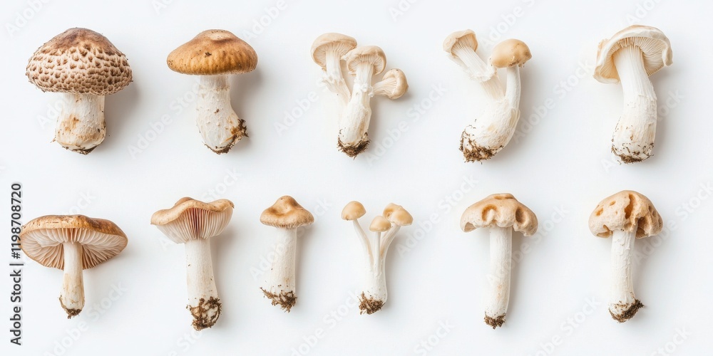Poster mushrooms isolated on a clean white background, showcasing the unique shapes and textures of mushroo