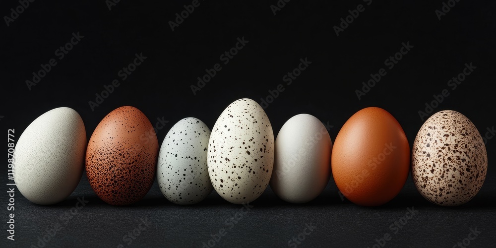 Poster fifteen assorted eggs arranged on a dark background create a striking visual. this composition of eg
