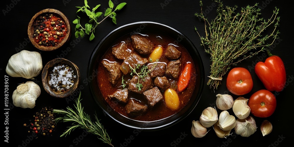 Poster bowl featuring delicious beef stew alongside a variety of fresh ingredients set against a striking b