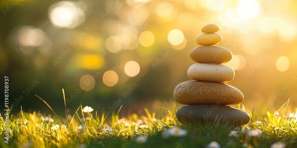 Leinwandbilder A harmonious stack of small rocks showcases earthy tones, layered thoughtfully in the grass, creating a natural focal point against a soft bokeh background illuminated by sunlight filtering through.