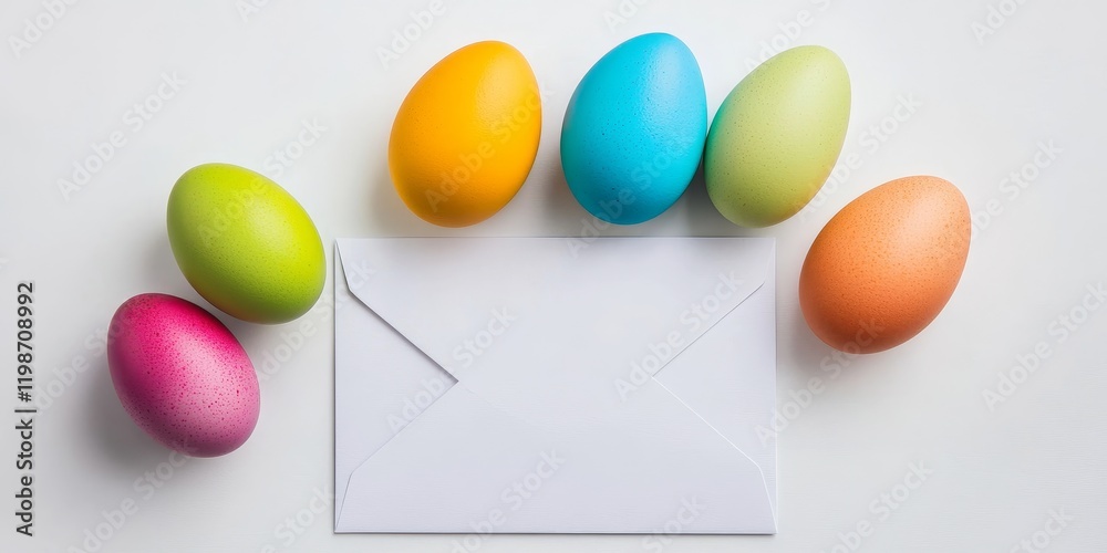 Poster vibrantly colored easter eggs alongside a beautifully designed blank envelope set against a white ba