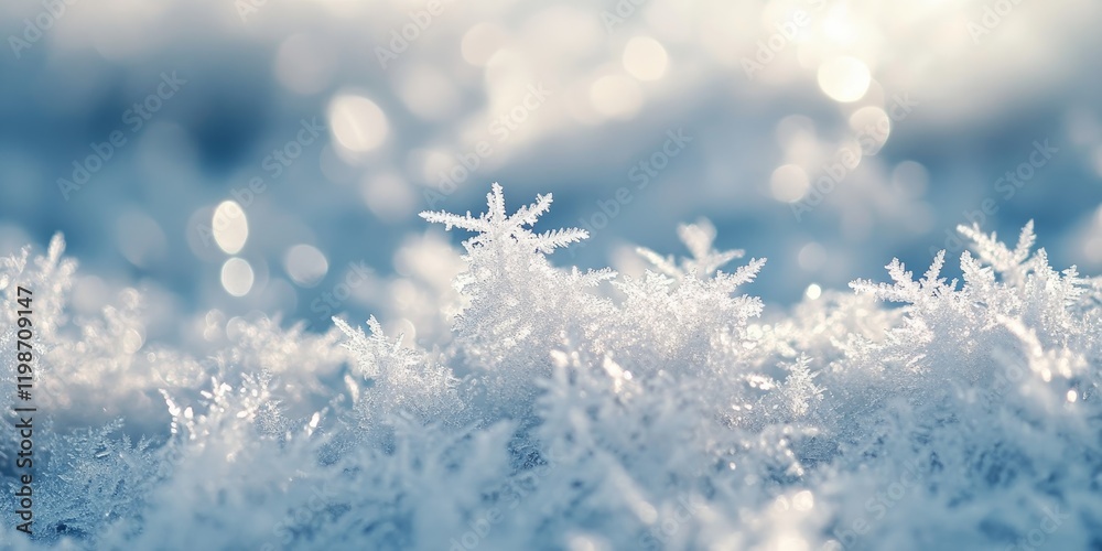 Poster a detailed view of a white, icy surface covered in frost highlights its delicate, crisp texture and 