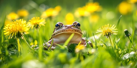 Obraz premium Frog amidst lush green grass and vibrant yellow dandelions in a natural setting. A stunning photo showcasing the beauty of a frog in its wild environment on a sunny day.