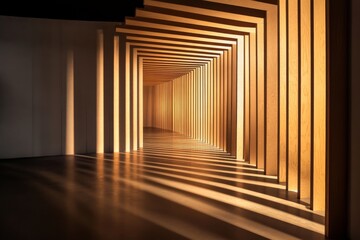 Sunlit corridor with wooden beams casting geometric shadows, showcasing modern architecture and minimalist design.
