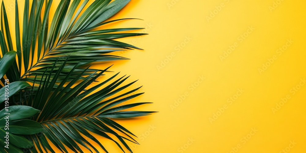 Poster top view of palm leaves on a yellow beach background. this flat lay of palm leaves creates a travel 