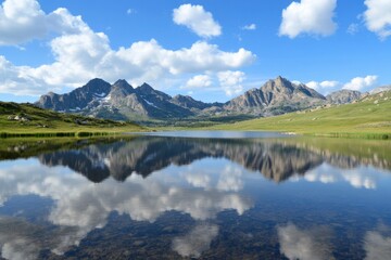 serene mountain lake reflecting clouds and peaks on a sunny day