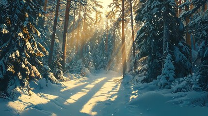 Sunlit snowy path through winter forest