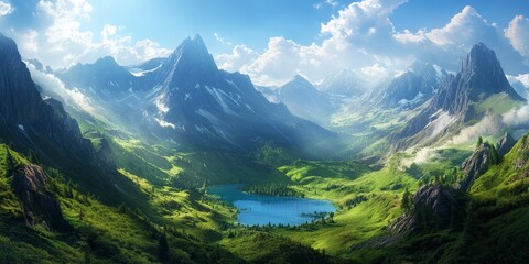 Breathtaking alpine panoramic view showcasing a vibrant mountain valley under sunlight, with impressive mountain silhouettes on the horizon. The alpine landscape features lush greenery and a serene