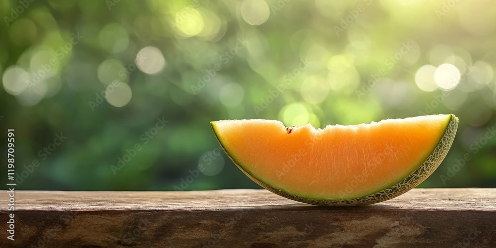 Aufkleber a slice of fresh melon rests on a wooden table, beautifully showcased against a bokeh backdrop that 