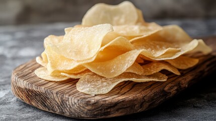Fried rice paper chips displayed on a wooden board create an enticing visual against a gray background. Enjoy the crispy texture of rice chips that add flavor to any dish.