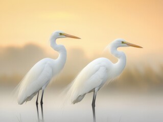 Obraz premium two elegant white herons stand in shallow water at sunrise