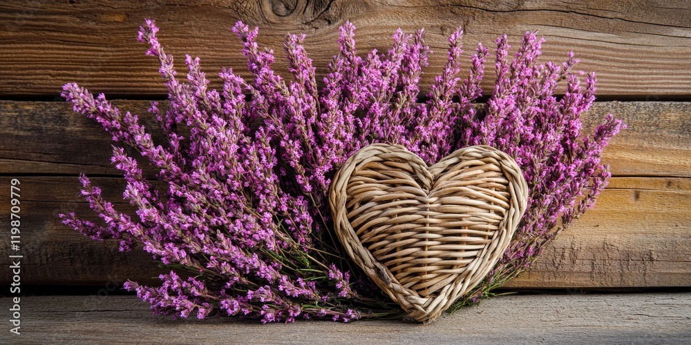 Poster pink heather beautifully arranged with a wicker heart on a rustic wooden background, creating a char
