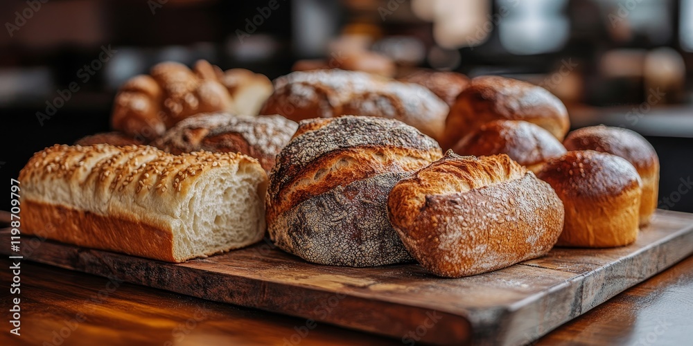 Poster variety of bread displayed on a wooden surface. this image showcases different types of bread, with 