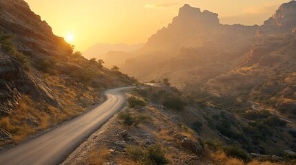 Winding mountain road sunset. Possible use travel