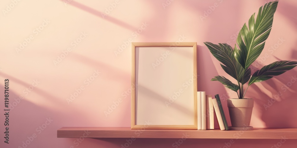 Poster an empty picture frame sits on a shelf alongside a potted plant and a classic book, all set against 