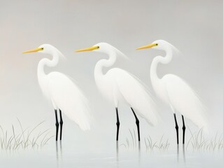 Obraz premium three white herons standing in shallow water on a misty morning
