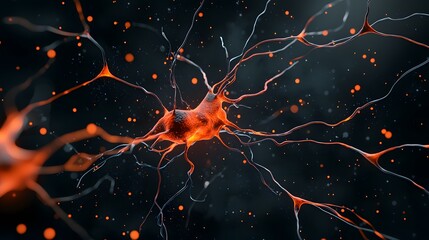 The image shows a detailed 3D rendering of a neuron, with its branching dendrites and axon extending outwards.  The neuron's soma glows with an intense orange light, set against a dark background spe