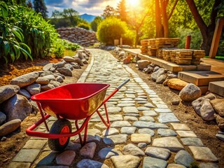 Rustic Stone Pathway Construction: Red Wheelbarrow & Shovel - Stock Photo