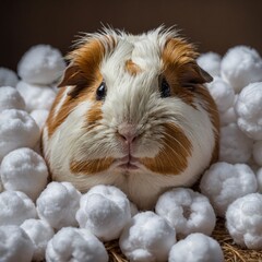 A guinea pig snuggled into a pile of cotton balls.