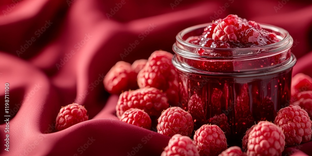 Poster a glass jar filled with homemade raspberry jam is placed on a red fabric backdrop, showcasing the vi
