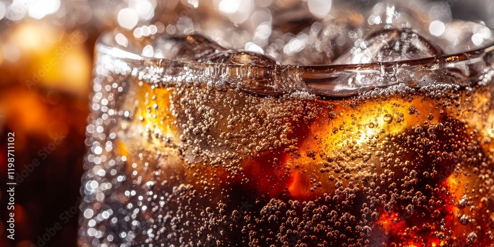 Poster Close up of refreshing cola in a glass filled with ice, showcasing the fizzy bubbles and rich color of cola, perfect for capturing the essence of cola on a warm day.