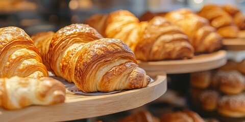 A detailed closeup of freshly baked croissants displayed for sale, featuring a beautifully blurred background that highlights the golden croissants texture and appeal. Perfect for showcasing