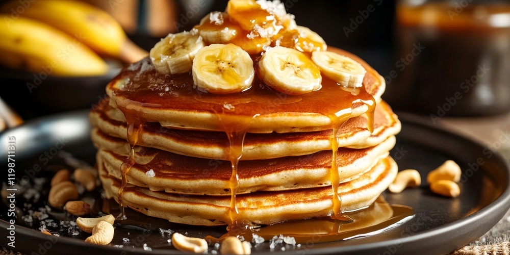 Poster delicious banana cashew pancakes topped with ripe bananas and a drizzle of salted caramel sauce, fea