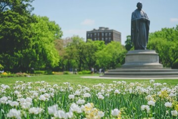 Park statue flowers spring city background