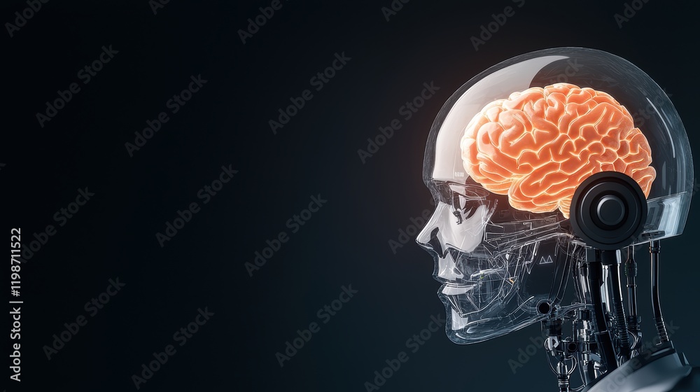 Poster abstract brain or ai icon: futuristic robot head with a glowing brain visible through a transparent 