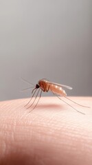 A close-up of a mosquito perched on a human finger, showcasing its delicate wings and antennae against a blurred background.