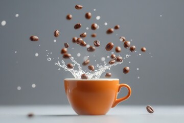 coffee beans splashing into an orange mug with milk