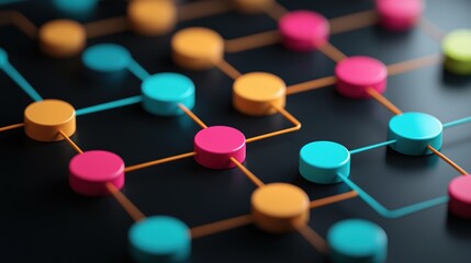 Fototapeta premium Flowcharts and Diagrams: A 3D rendering of a flowchart with colorful nodes and arrows, visualizing a complex process, data flow, or system architecture.