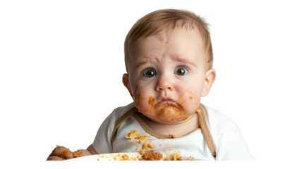 A baby crying with a messy face after eating food showcasing the emotions and expressions of children