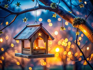 Rustic Wooden Bird Feeder Hanging on Tree Branch at Dusk - Low Light Photography