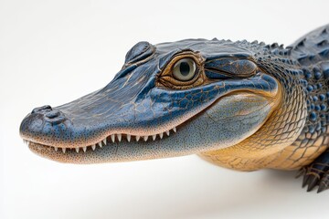 A baby alligator with a blue face and yellow belly. The blue face is the most prominent feature of...