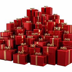 Numerous Red Gift Boxes Piled High with Gold Ribbons Isolated on a White Background